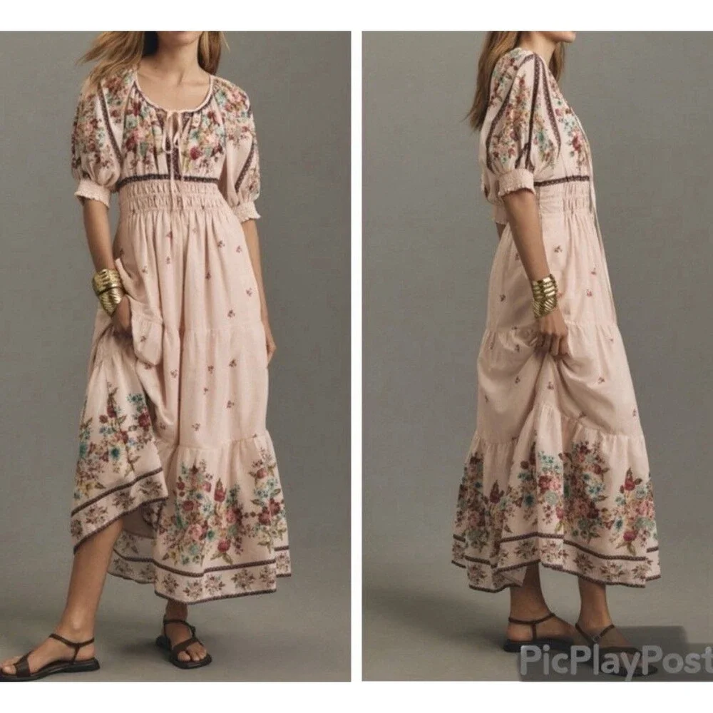 ANTHROPOLOGIE the somerset puff sleeve maxi dress M Milkmaid Fairy Hippie Boho - Picture 11 of 16